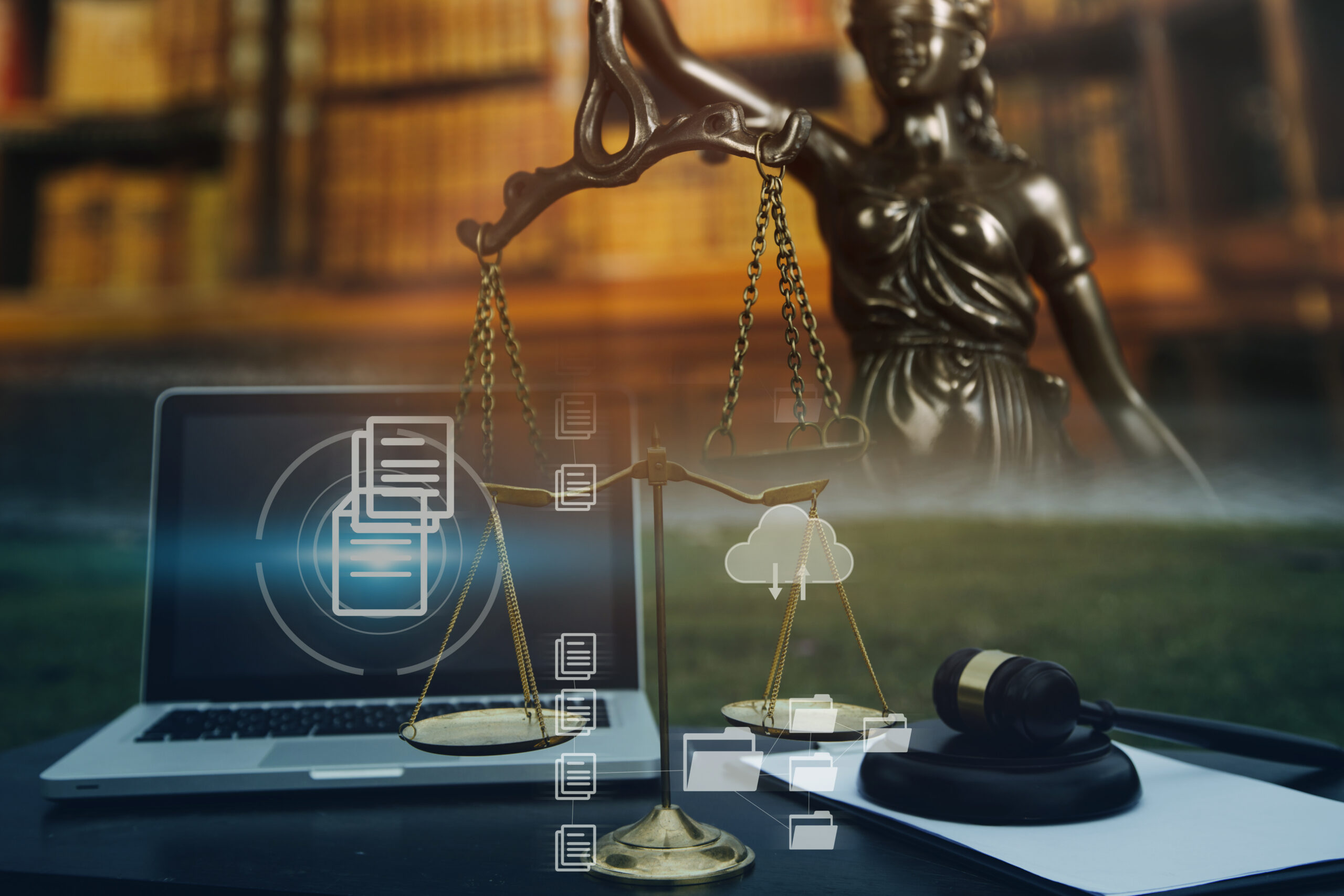 Business and lawyers discussing contract papers with brass scale