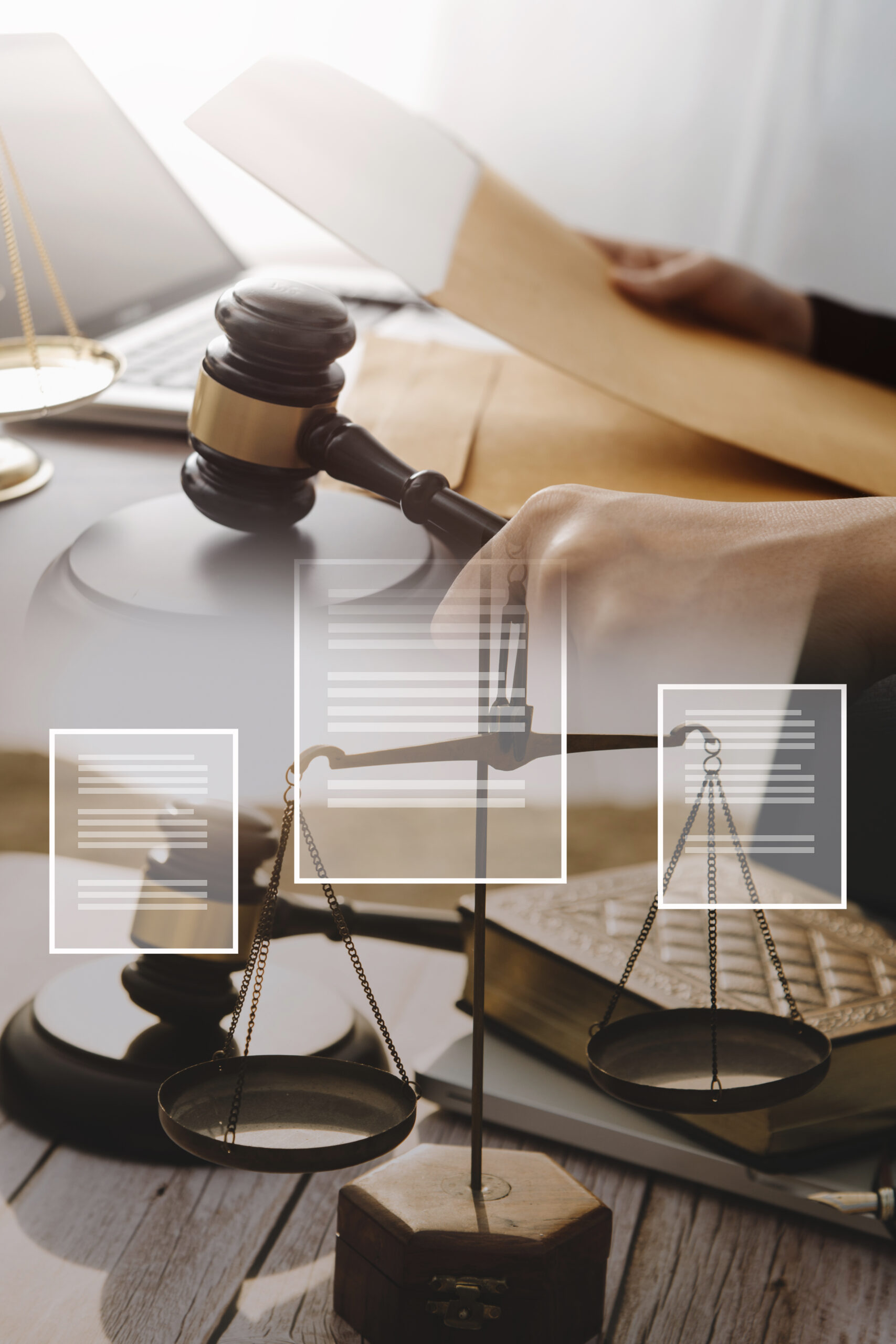 Business and lawyers discussing contract papers with brass scale