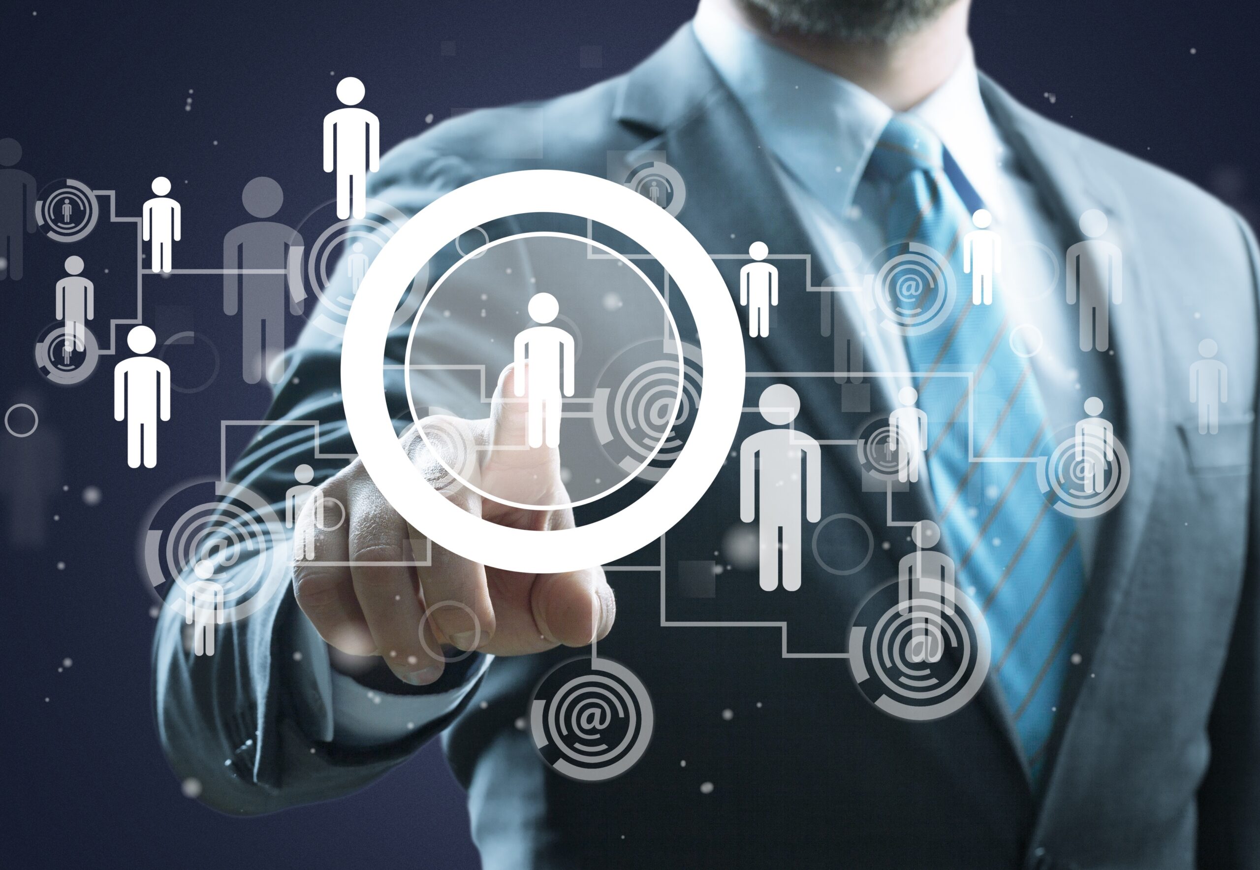 Businessman hand pressing button on virtual screens